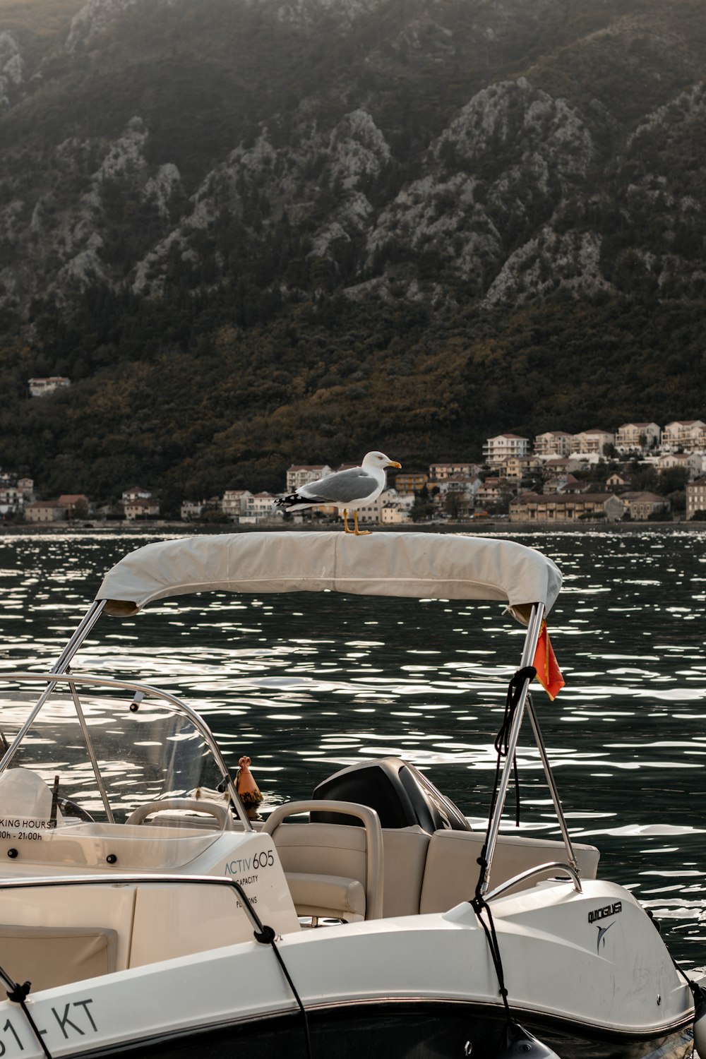 a boat with a seagull sitting on top of it