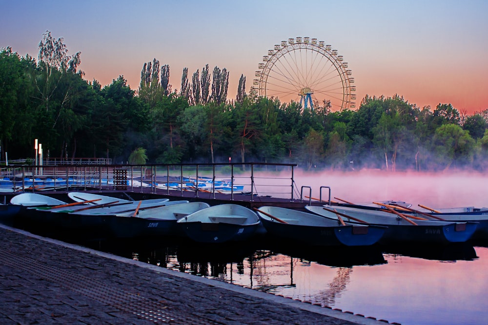 a dock with several rowboats and a ferris wheel in the background