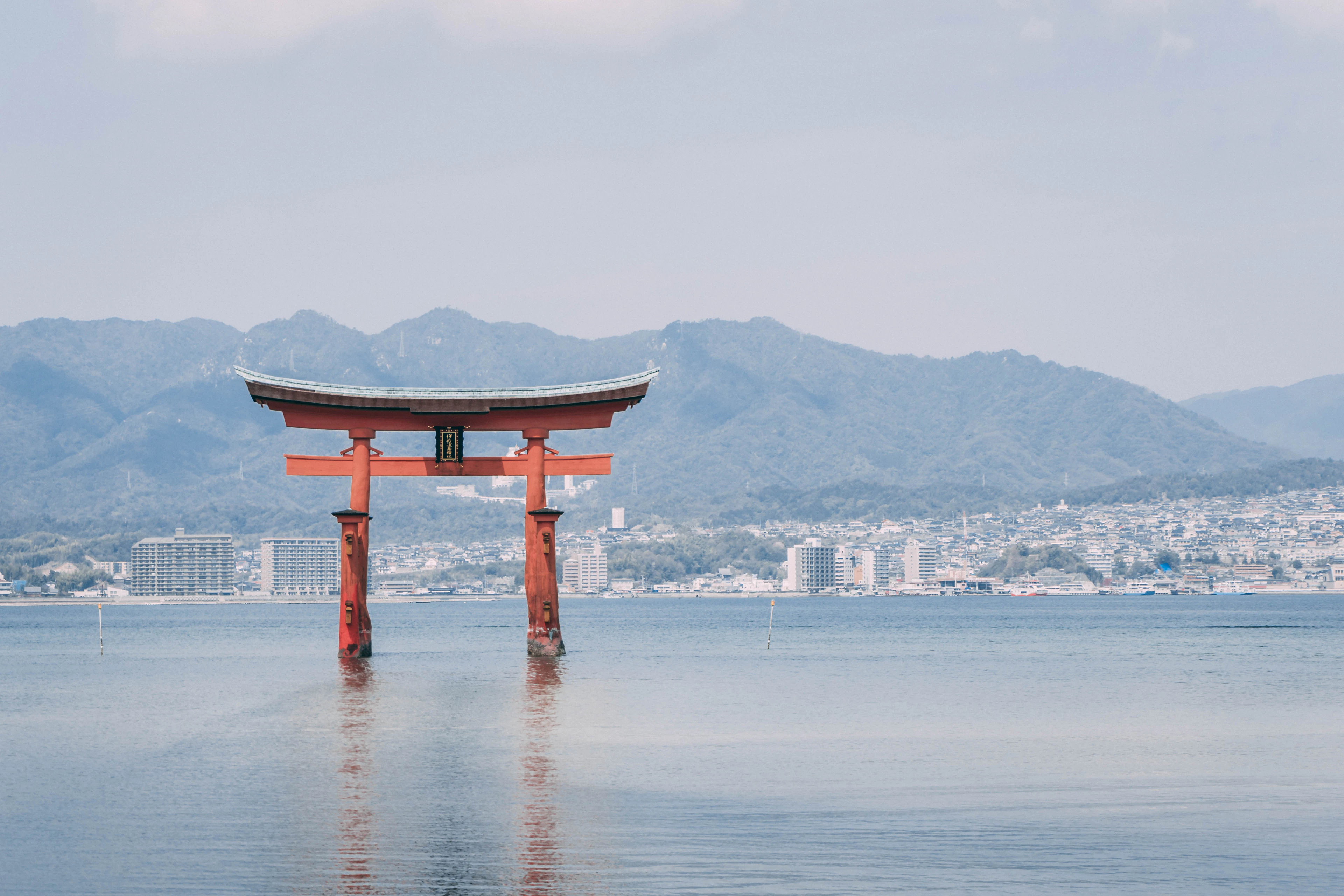 The Itsukushima torii standing in the sea at Miyajima, off Hiroshima