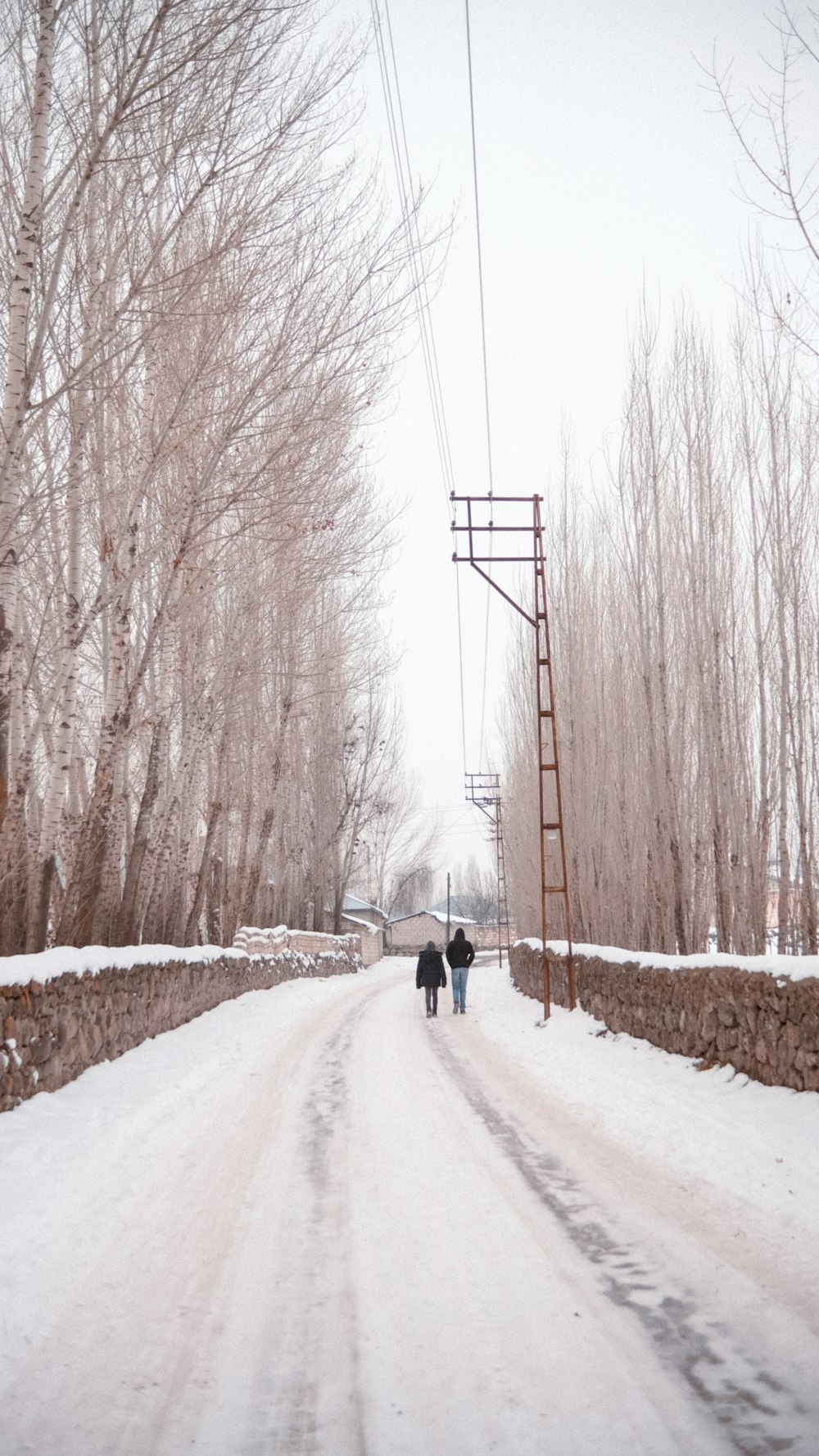 two people walking down a snow covered road