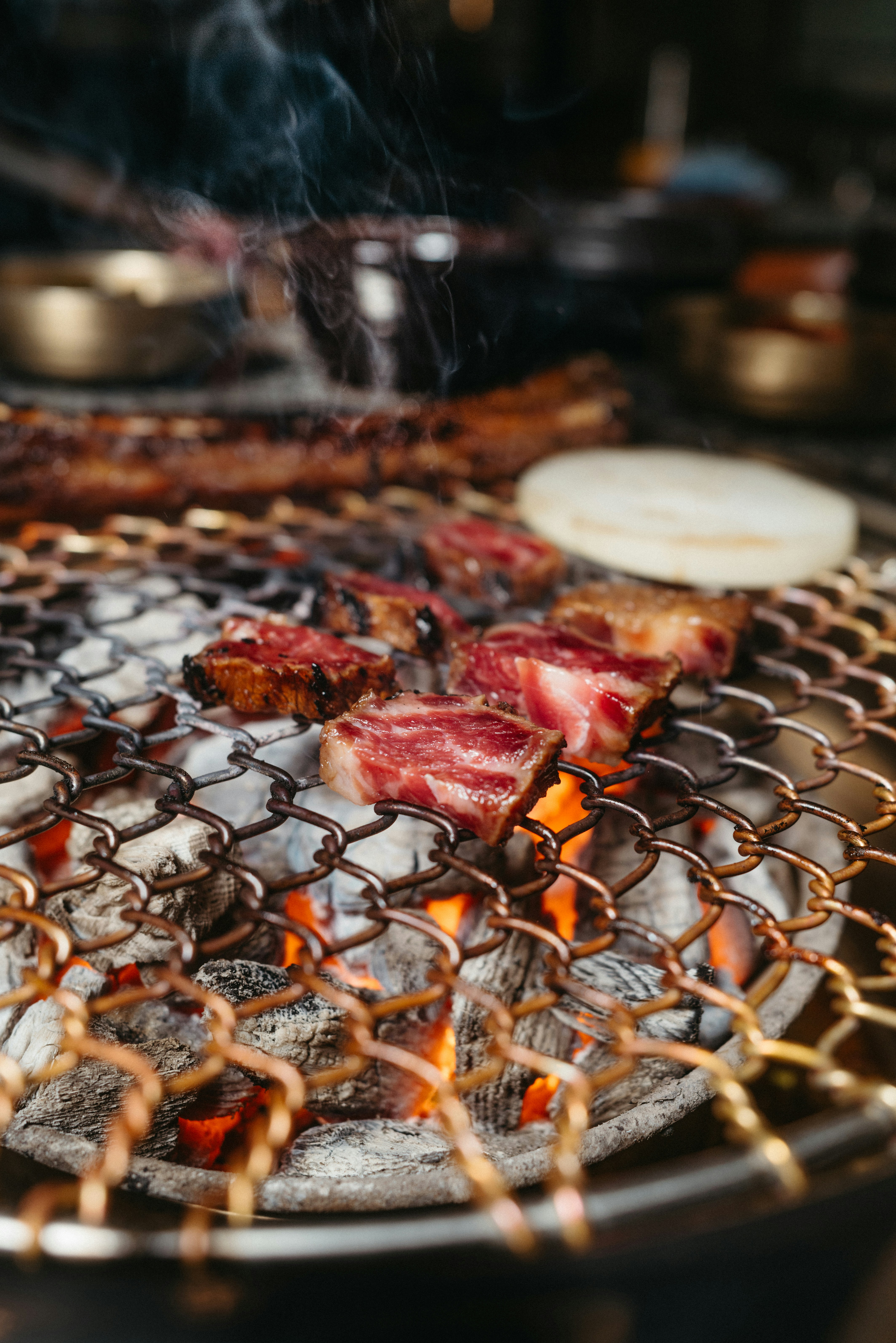 Juicy seekh kababs grilling over charcoal flames with smoke rising at Peshawar Kabab House