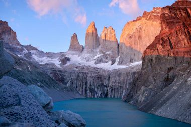 Sunrise on the granite towers above the lagoon, Torres del Paine
