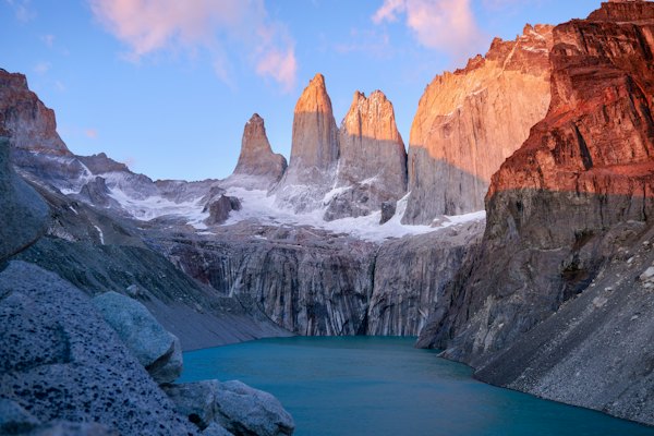 A mountain range with a lake in the foreground — Torres del Paine, Chile