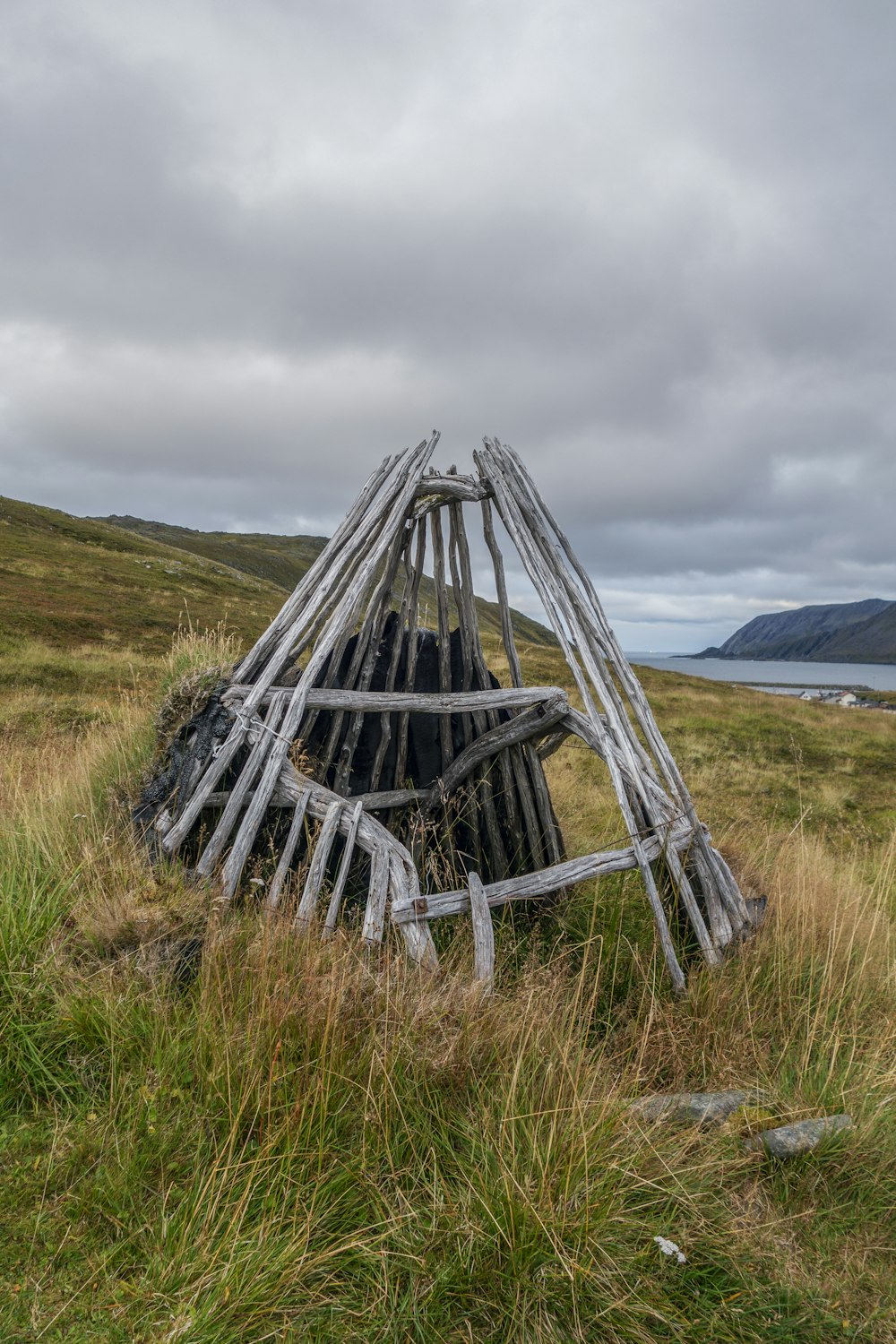 a wooden structure in the middle of a grassy field