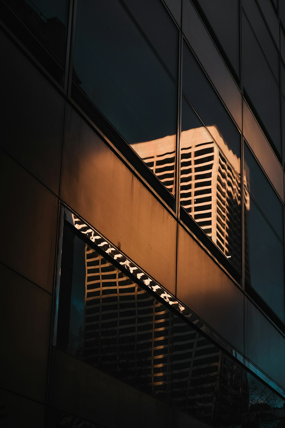 the reflection of a building in the windows of another building