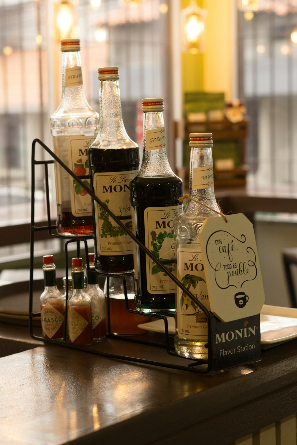 a display of liquor bottles on a bar
