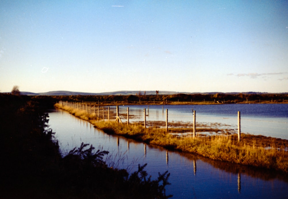 a body of water surrounded by a lush green field