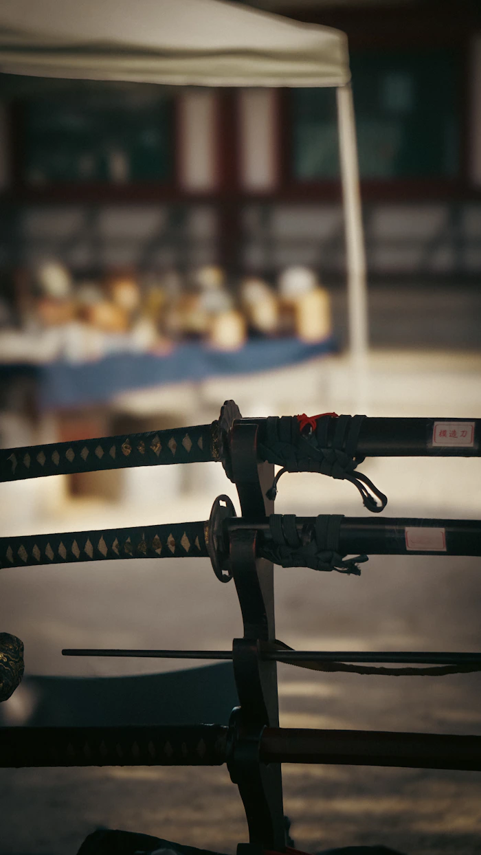 Full katanas displayed at market