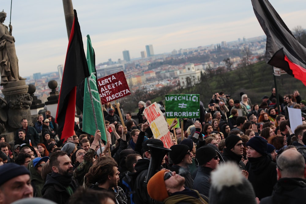 a large group of people holding flags and signs