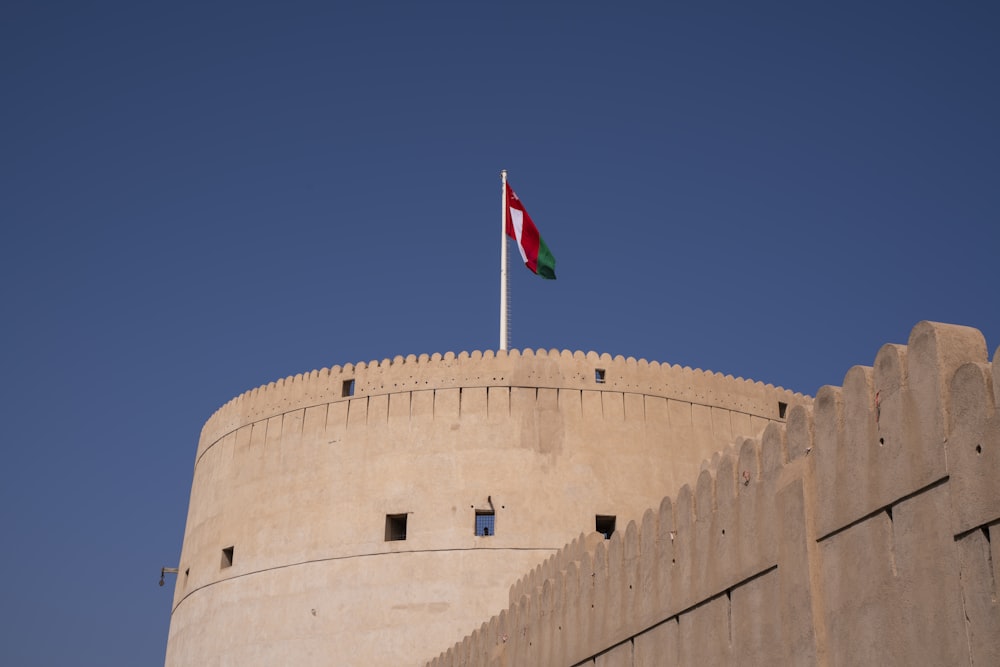 a flag flying on top of a tall building