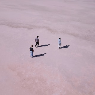 a group of people walking across a sandy field