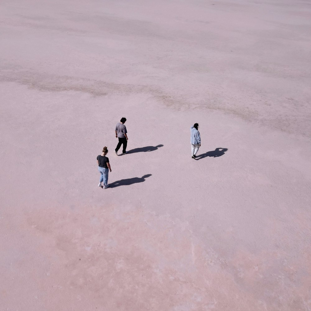 a group of people walking across a sandy field