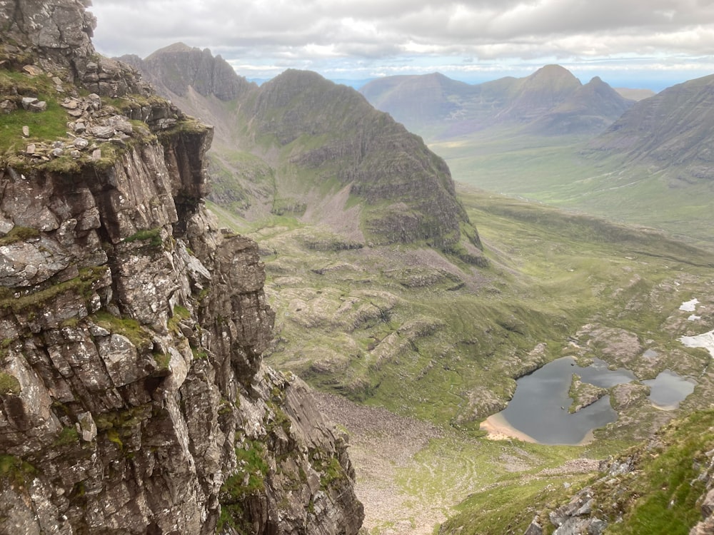 a view of a mountain range with a lake in the foreground