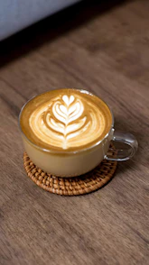 a cappuccino on a wooden table with a wicker coaster