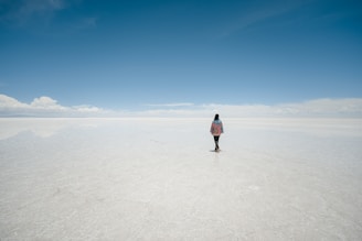 a woman standing alone in the middle of the desert