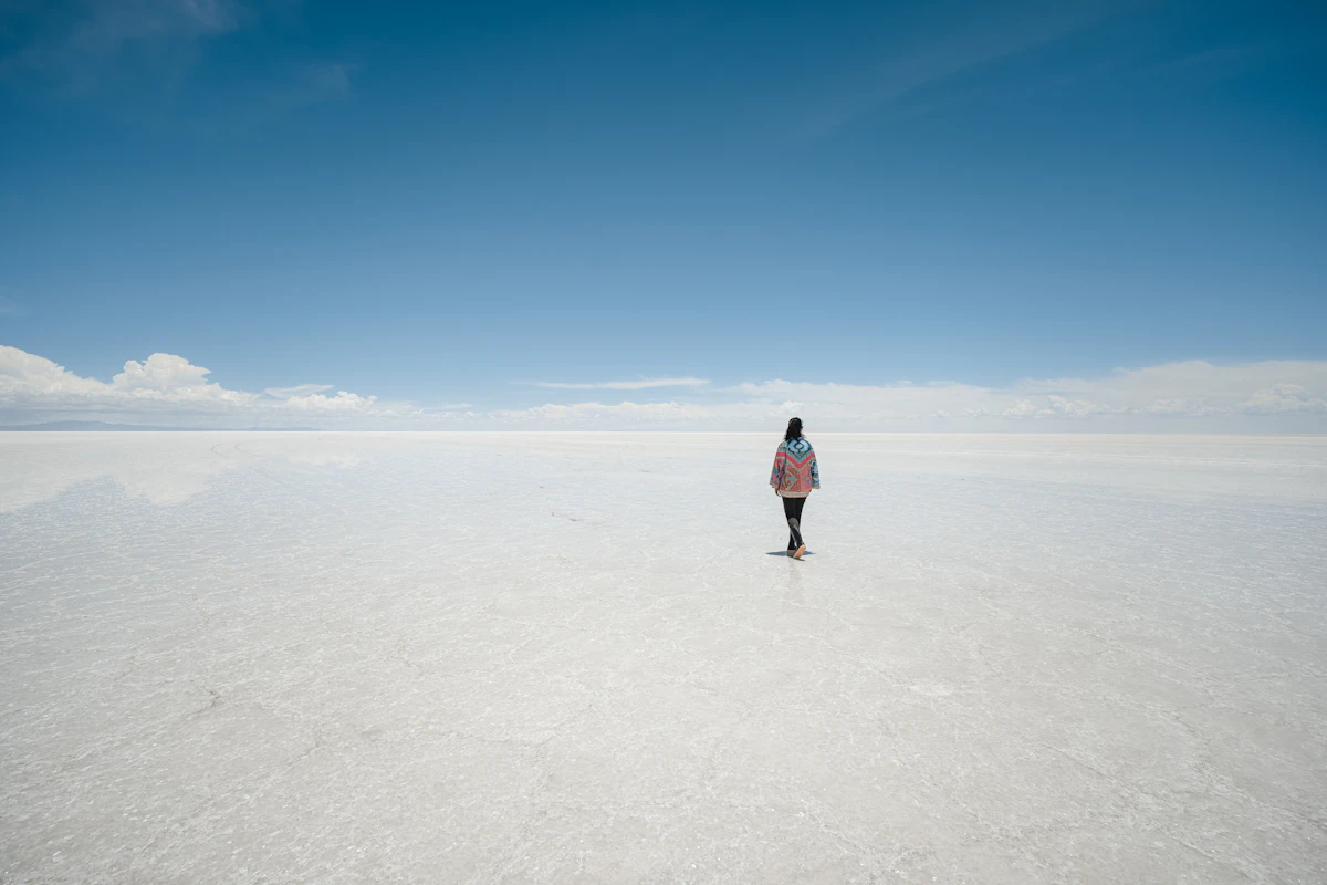 Solo woman standing in a vast desert plain
