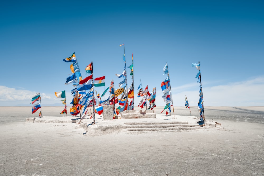 a bunch of flags that are in the sand