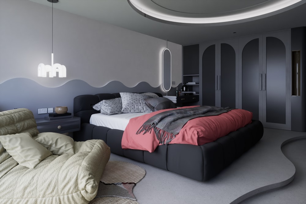 a bedroom with a bed and a chair in it
