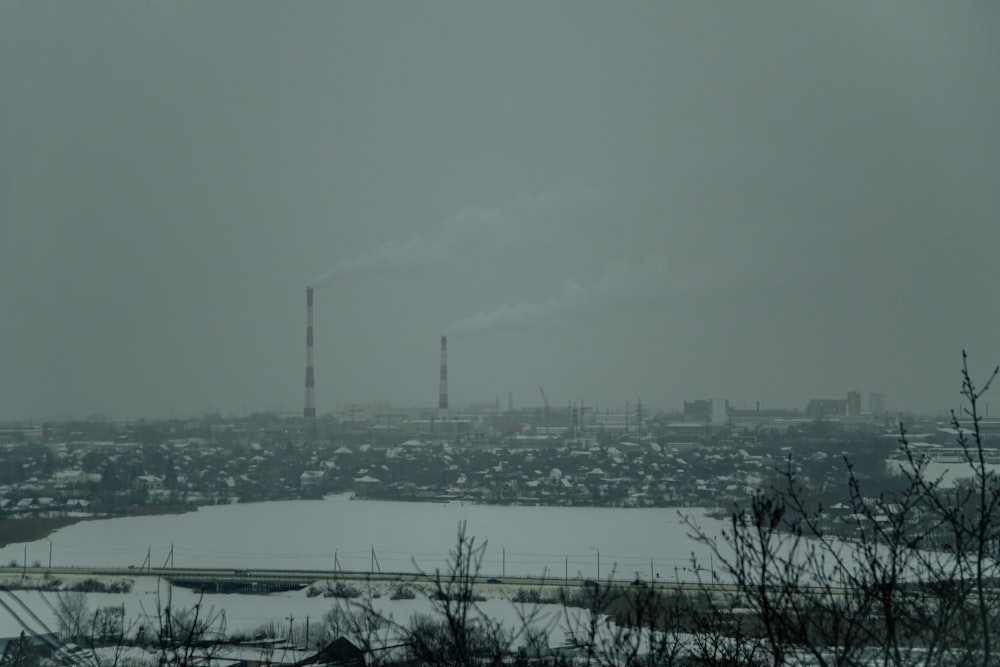 a view of a snowy city from a distance