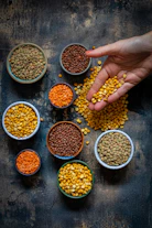 a person reaching for some food in small bowls
