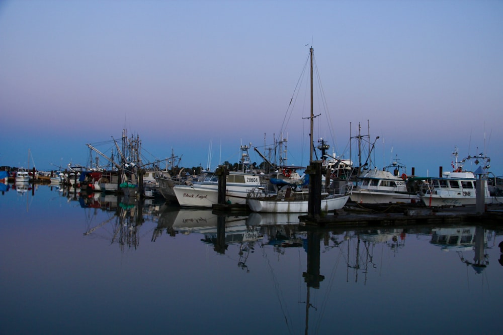 a group of boats that are sitting in the water