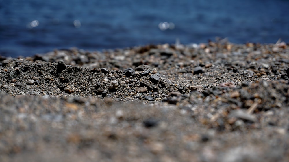 a close up of rocks and gravel near the water