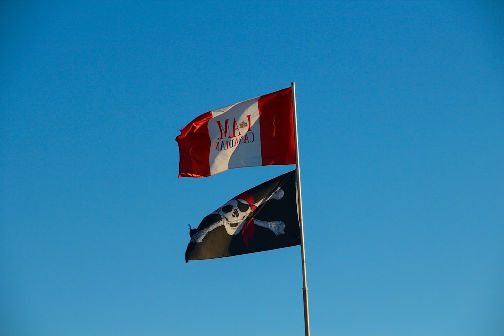 two flags flying next to each other in a blue sky