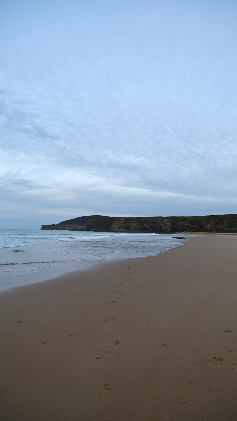 a sandy beach with footprints in the sand