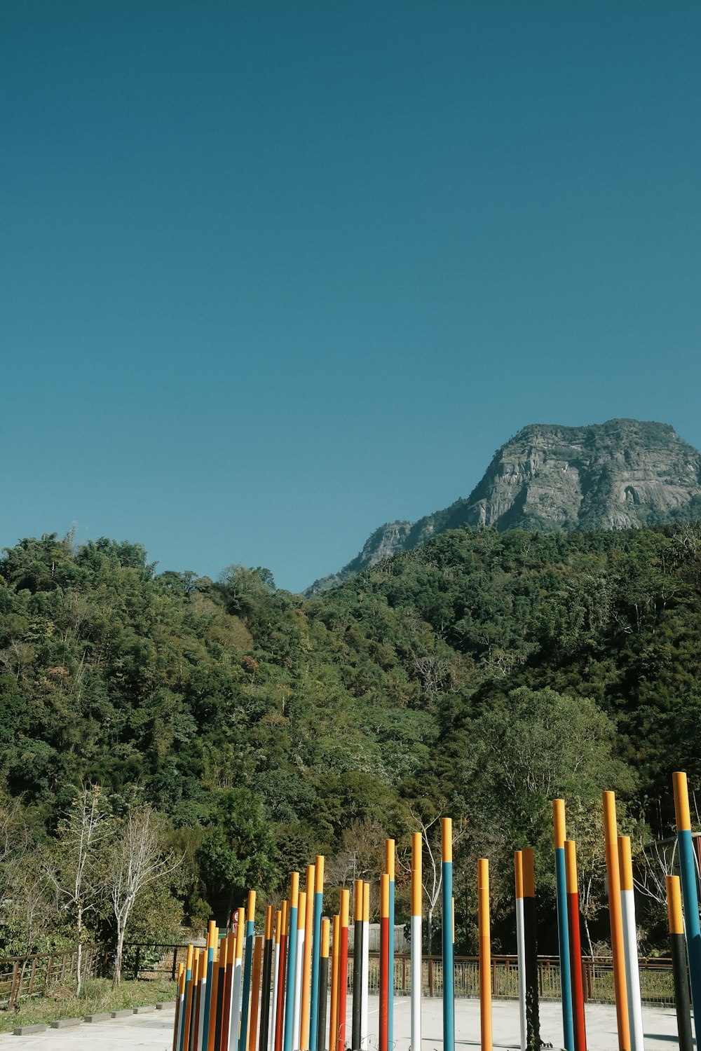 a row of colorful poles with a mountain in the background