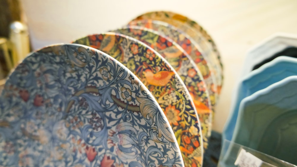 a group of plates sitting on top of a counter