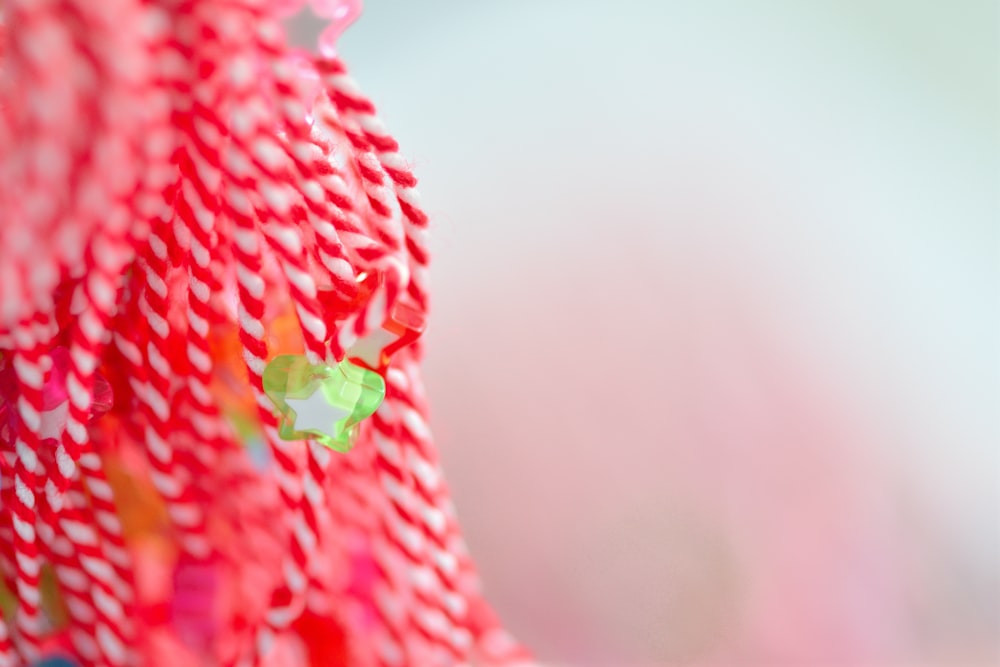 a close up of a red and white candy cane