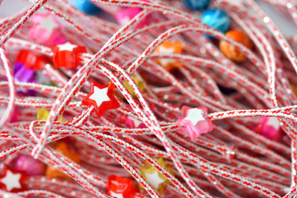 a close up of a string of colorful beads