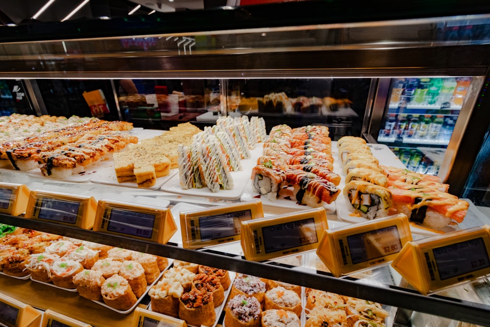 a display case filled with lots of different types of food