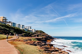 a couple of people walking down a path next to the ocean