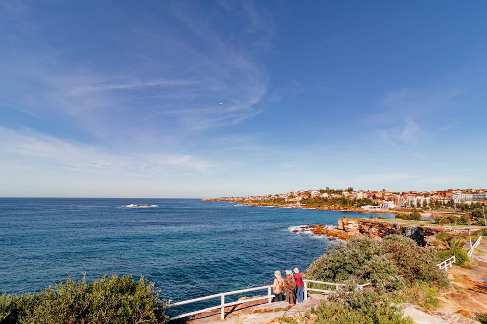 a couple of people standing on top of a cliff next to the ocean