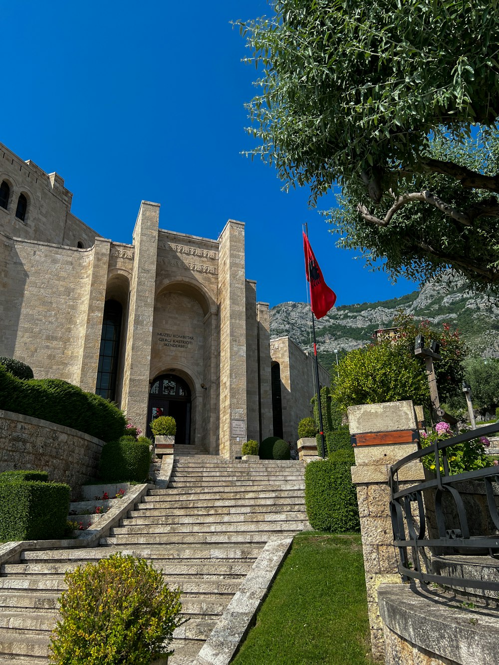 a stone building with steps leading up to it