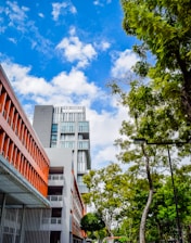 a tall building sitting next to a lush green forest