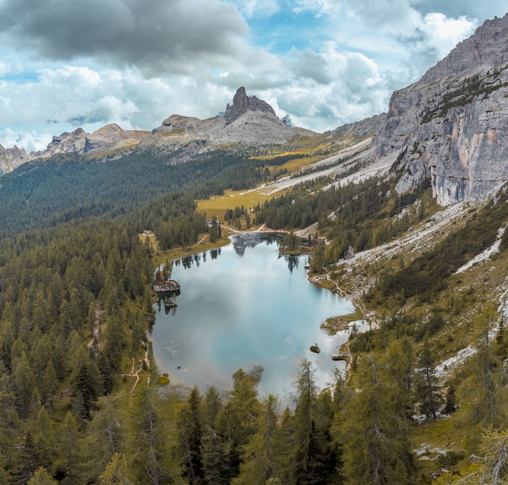 a mountain lake surrounded by trees and mountains