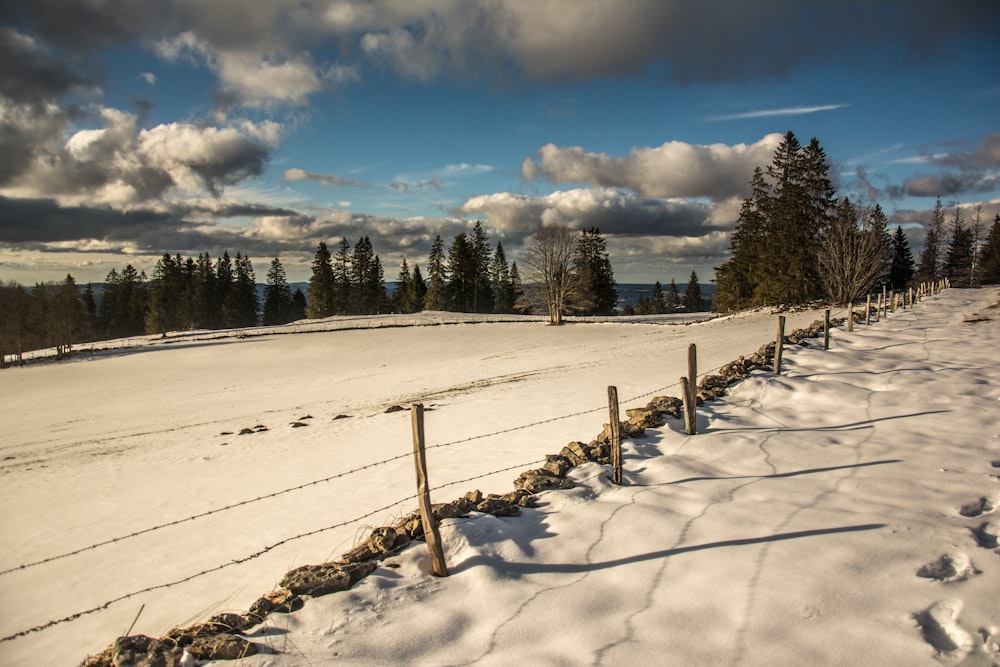a snow covered field with a fence and trees