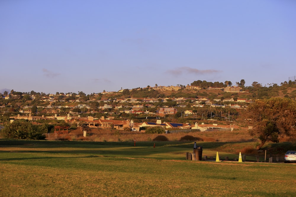 a grassy field with houses on a hill in the background