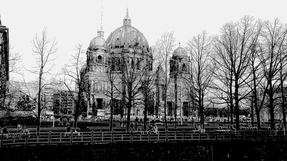 a black and white photo of a church