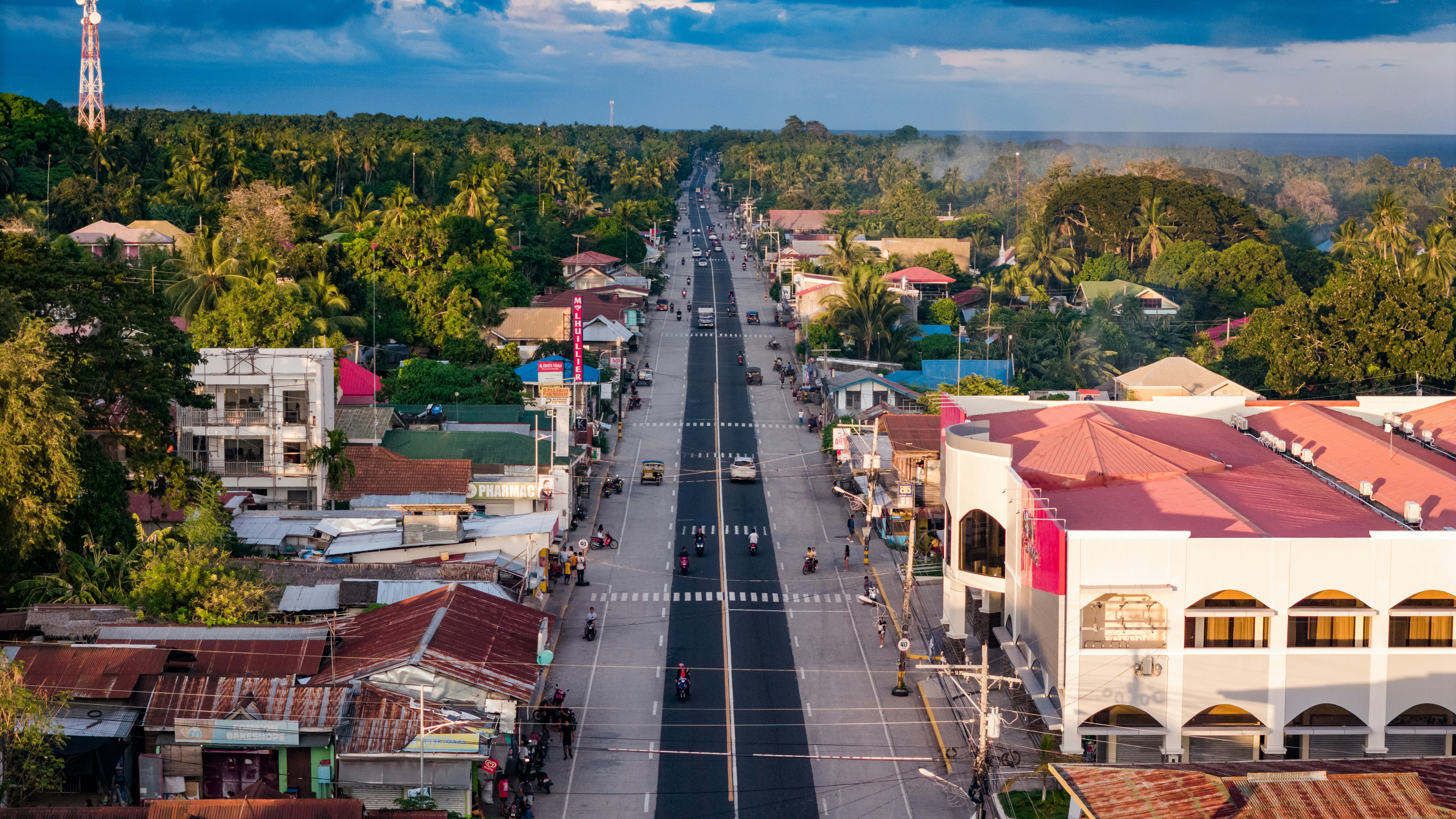 a view of a street in a small town