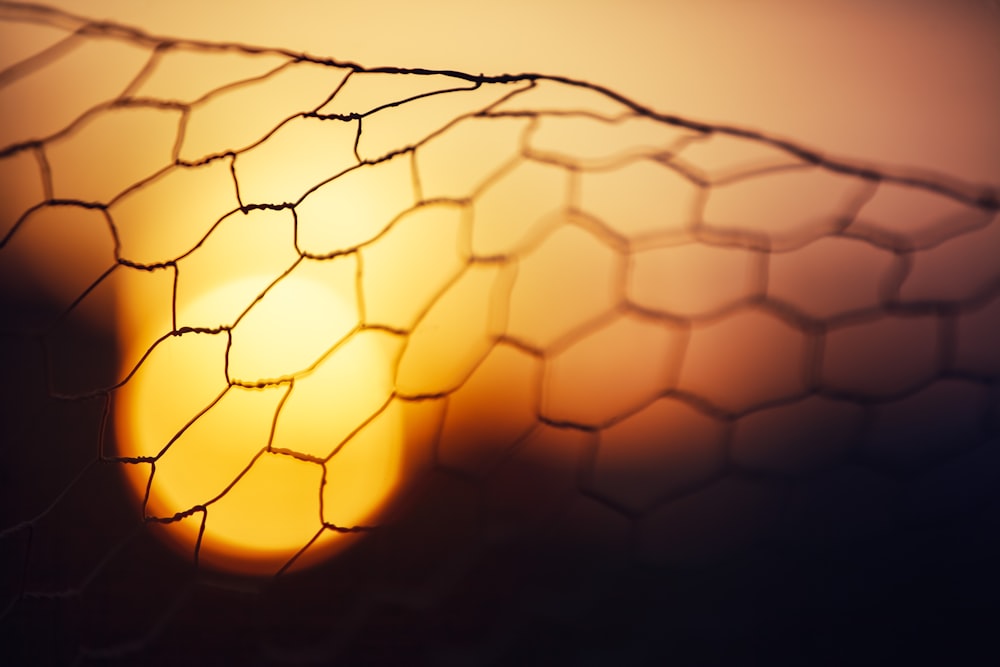 a close up of a net with the sun in the background