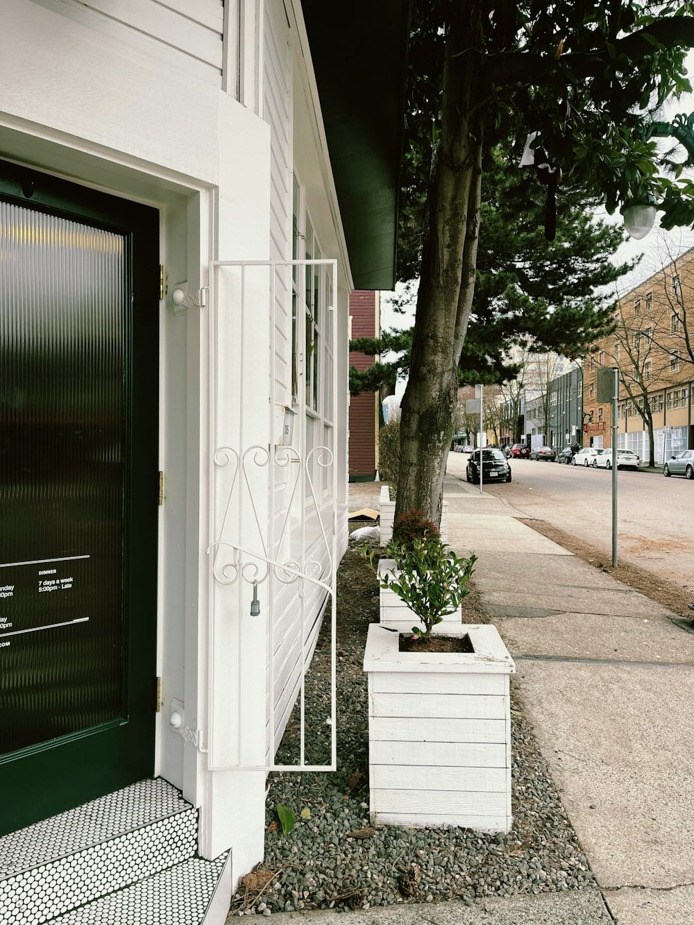 a white planter sitting next to a tree on a sidewalk