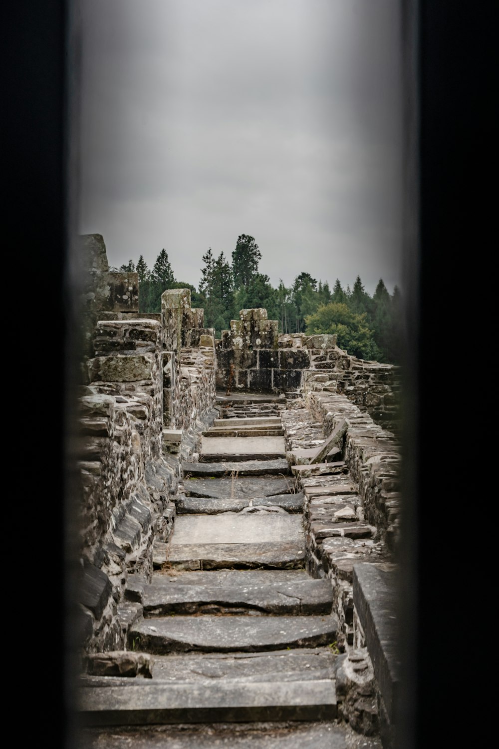 a view of a stone walkway through a window