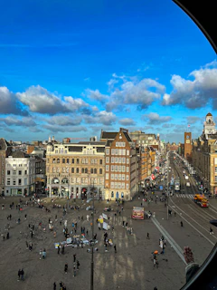 a view of a city from a round window