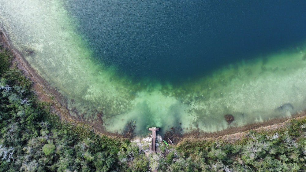 un grande specchio d'acqua circondato da alberi