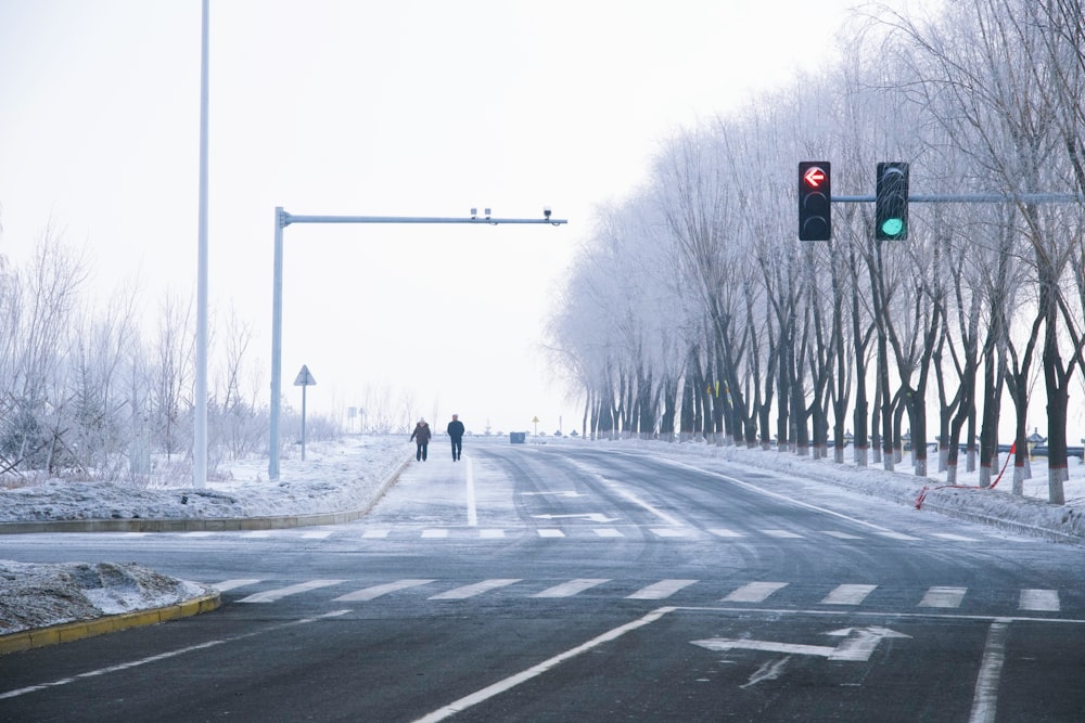 a snowy street with a traffic light and trees