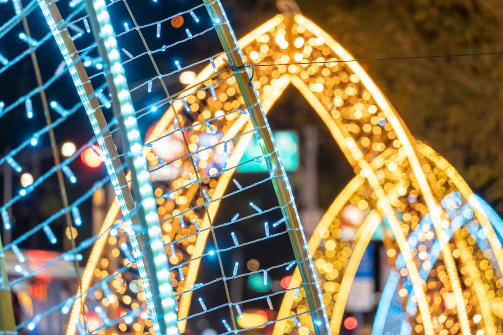 a close up of a carnival ride at night