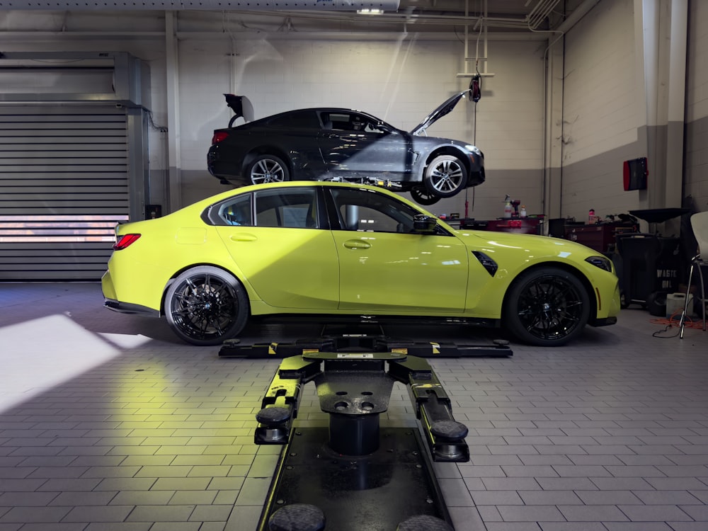 a car being worked on in a garage